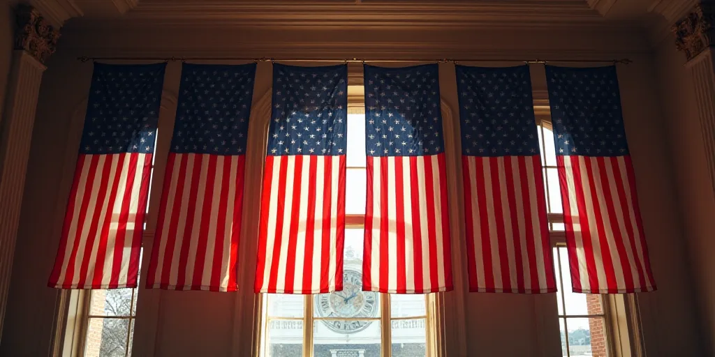 a row of american flags hanging from a ceiling in a room with a clock in the background and a window