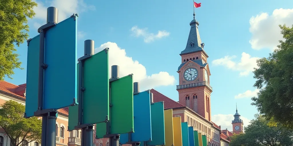 a row of blue and green signs in front of a building with a clock tower in the background and a buil