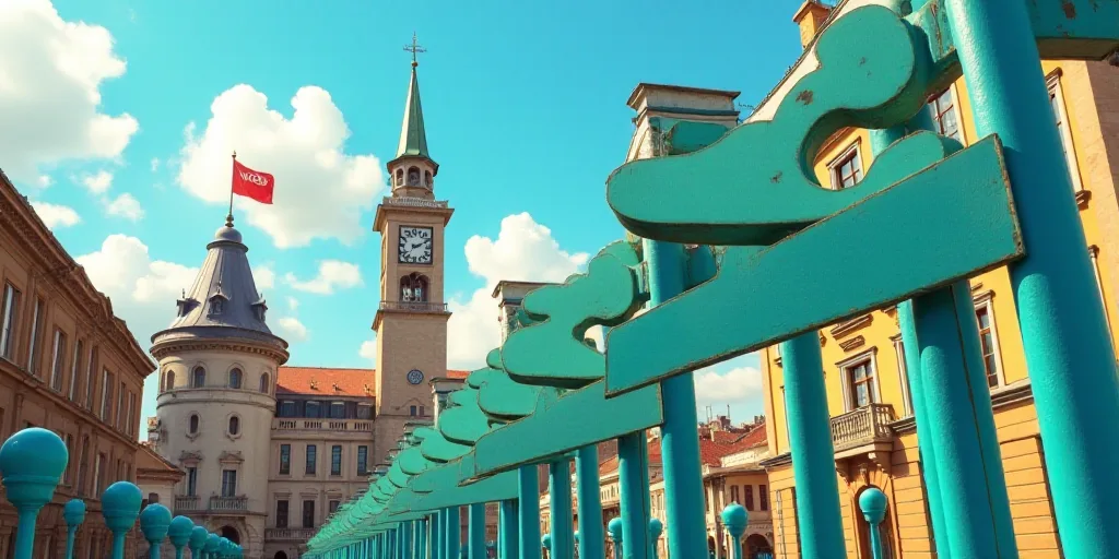 a row of blue and green signs in front of a building with a clock tower in the background and a buil