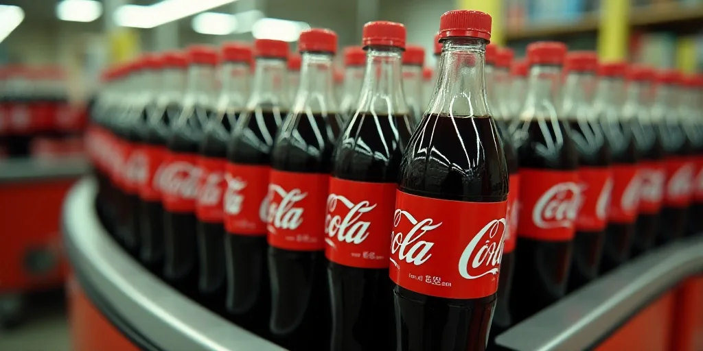 a row of coca cola bottles on a conveyor belt in a store or store with a conveyor belt in the backgr
