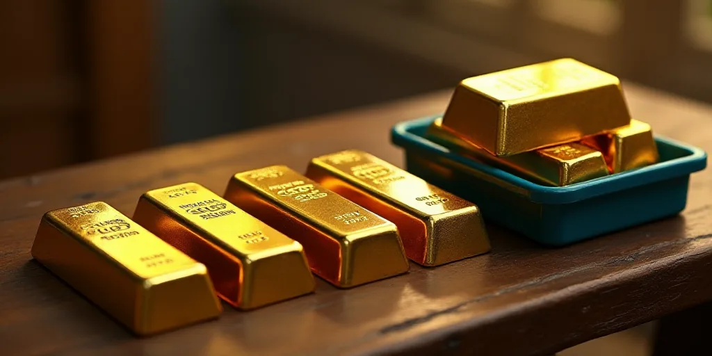a row of gold bars sitting on top of a table next to a blue container of gold bars on a table, Engue