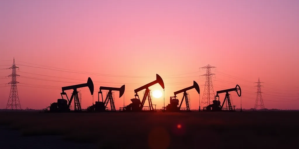 a row of oil pumps sitting in a field at sunset with power lines in the background and a pink sky, E