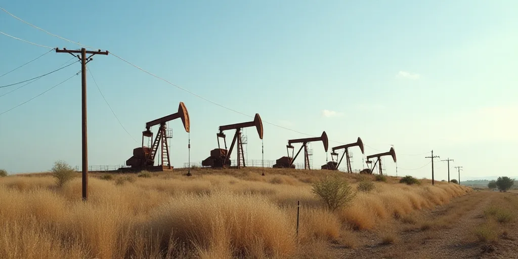 a row of oil pumps sitting on top of a hill next to a telephone pole and a telephone pole, Andries S