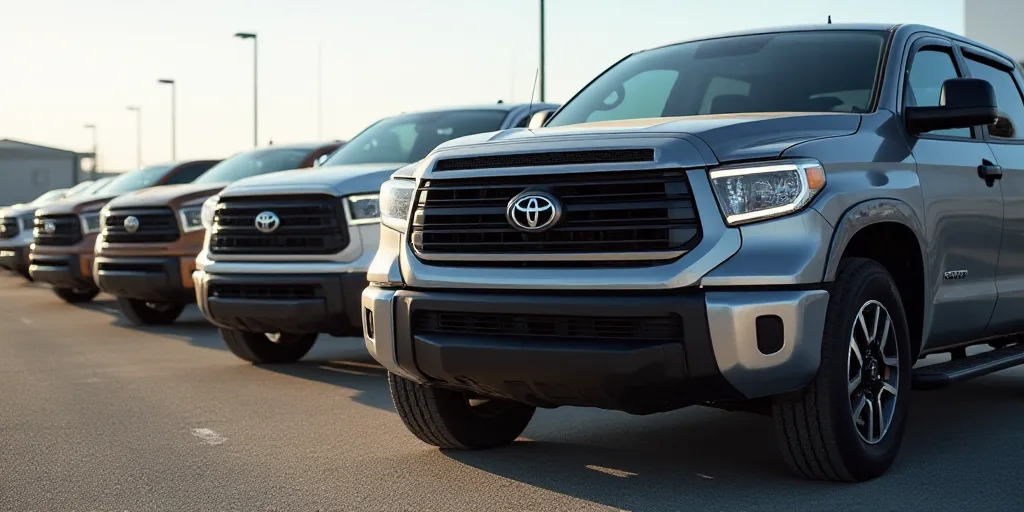a row of parked toyota trucks in a parking lot with other vehicles in the background and a building