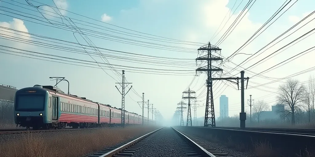 a row of power lines with a sky background and a train on the tracks in the distance, with a buildin
