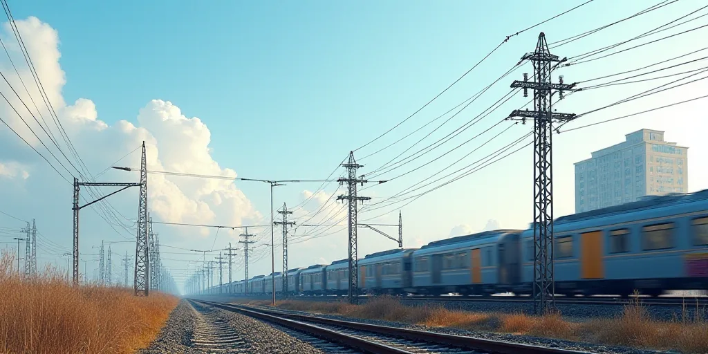 a row of power lines with a sky background and a train on the tracks in the distance, with a buildin