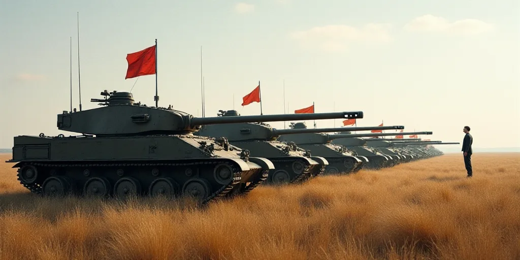 a row of tanks with flags on them in a field with a man standing in front of them and a row of them,
