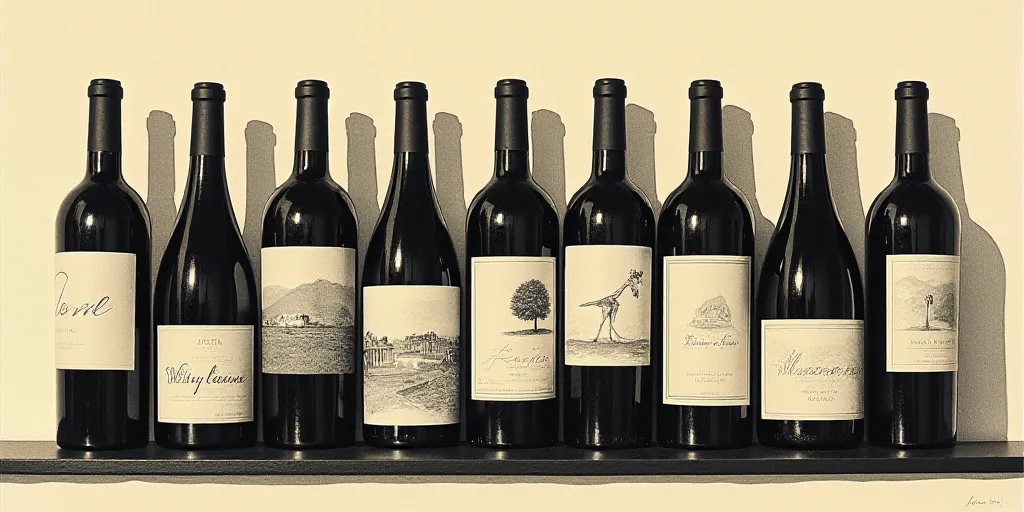 a row of wine bottles sitting on top of a counter top next to each other on a counter top, Brian Fie