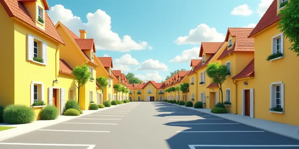 a row of yellow houses with white windows and shutters on each side of the street and a parking lot,