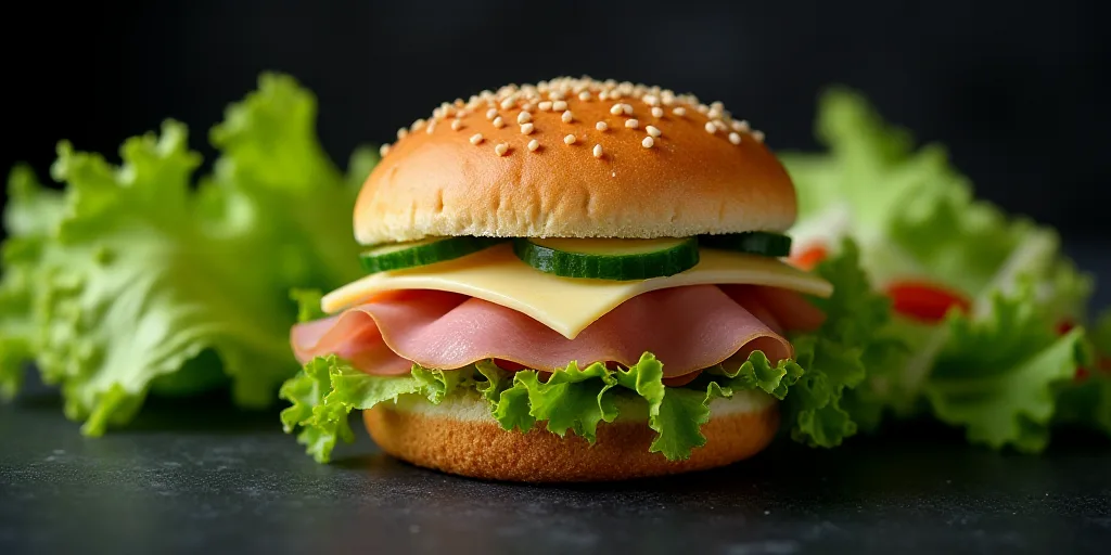 a sandwich with ham, cucumber, and cheese on a black surface next to a salad and a leaf of lettuce,