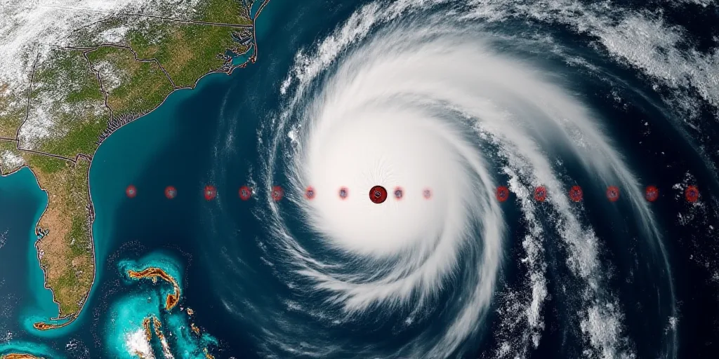 a satellite image of a hurricane with a line of red and blue circles in the middle of the image, Dav