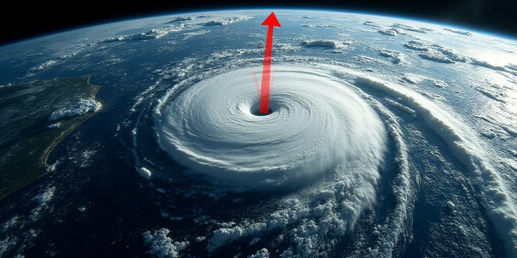 a satellite image of a hurricane with a line of red and blue arrows pointing to the top of the image