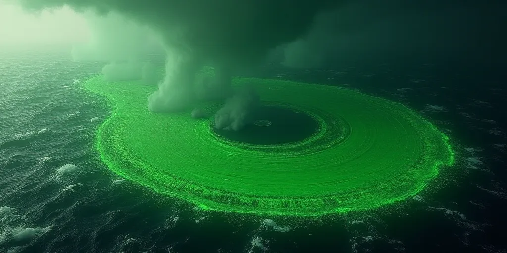 a satellite image of a large body of water with a green substance on it's surface and a green substa