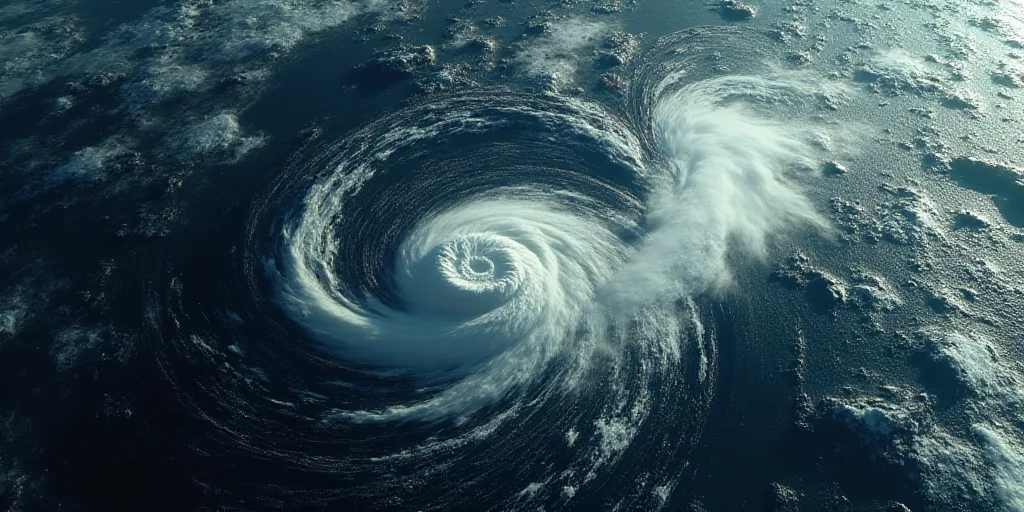 a satellite image of a storm in the ocean with a red line indicating the path of the storm to the ri
