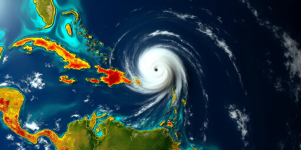 a satellite image of a tropical cyclone in the ocean with a red and yellow map of the region and a r