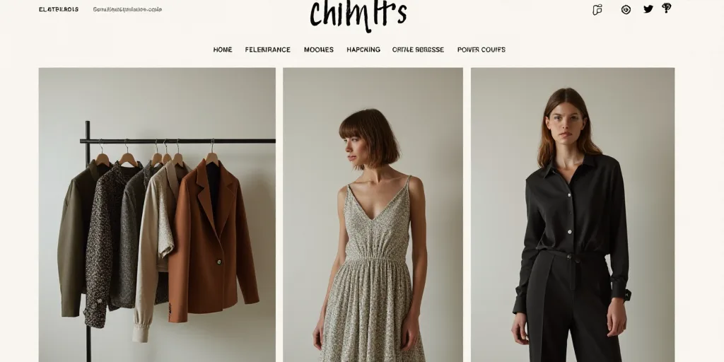 a screen shot of a website with a woman in a dress and a coat on it, and a line of clothes on the le