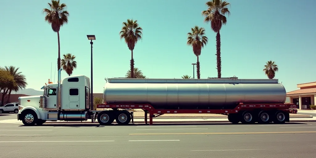 a semi truck with two large tanks on the back of it's trailer in a parking lot with palm trees, Elbr