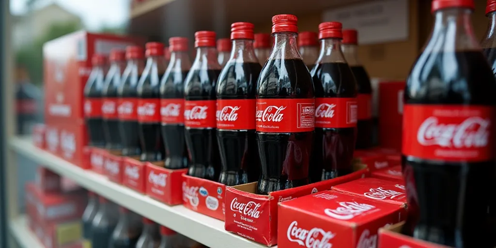 a shelf of coca - cola bottles and boxes of coke on display in a store or storefront window, Dorothy
