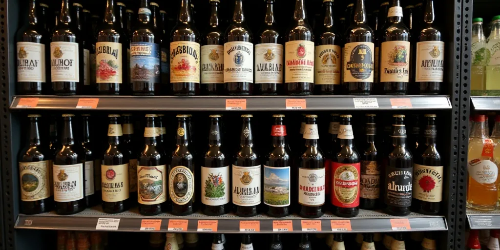 a shelf with a lot of beer bottles on it in a store aisle with labels on them and a crown on the bot