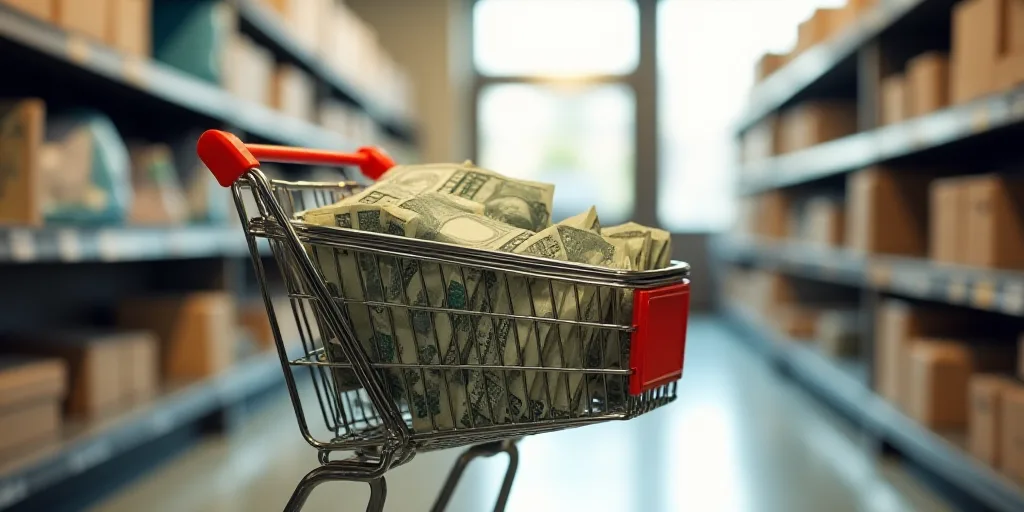 a shopping cart with a lot of money in it in a store aisle with a window in the background, Chica Ma