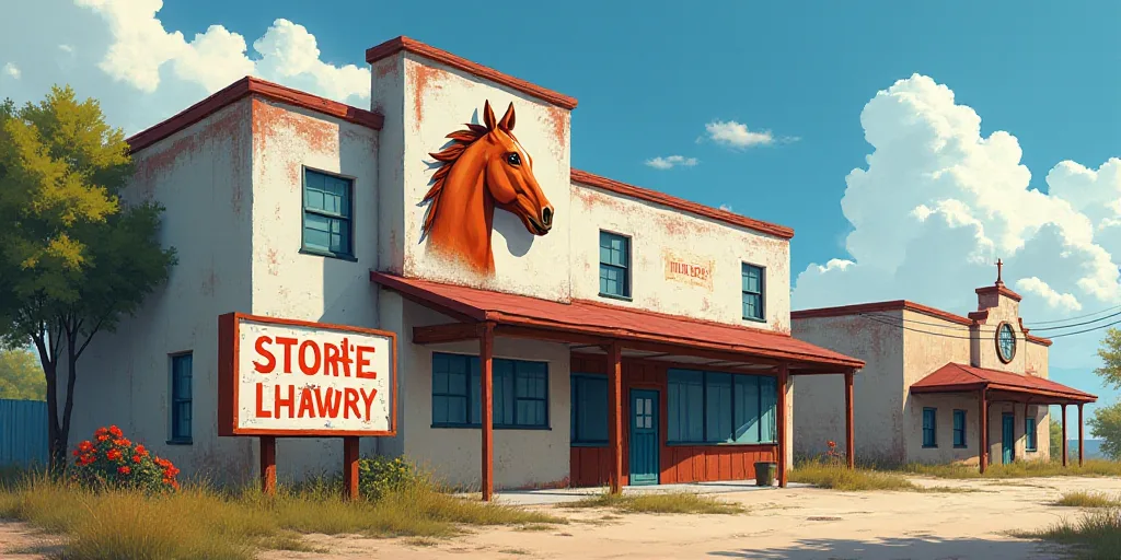 a sign for a company in front of a building with a horse head on it's side and a large building with