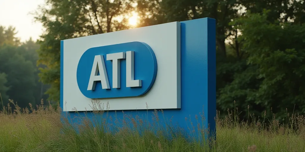 a sign for a company with a blue and white logo on it's side and trees in the background, Dr. Atl, e