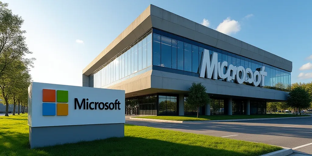 a sign for a microsoft company in front of a building with a large microsoft logo on it's side, Andr