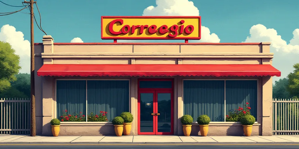 a sign for a store that is on the side of a building with a fence in front of it, Correggio, logo, a
