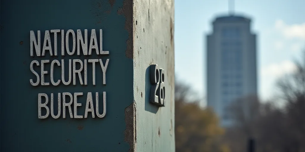 a sign on a building that says national security bureau on it's side and a building in the backgroun