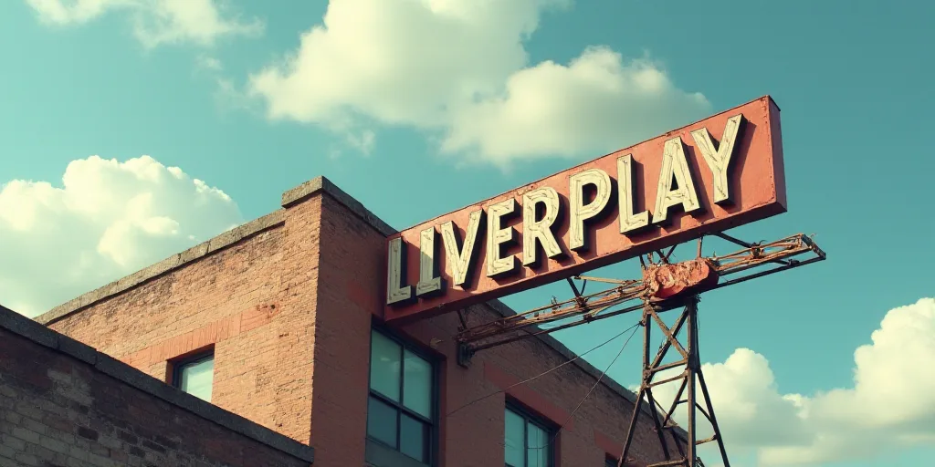 a sign on a building that says liverplay on it's side and a cloudy sky behind it, Dave Allsop, turna