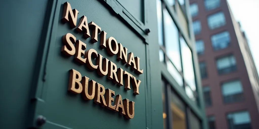 a sign on a building that says national security bureau on it's side and a building in the backgroun