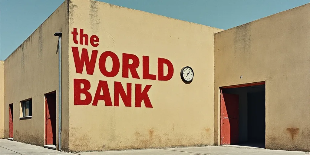 a sign on the side of a building that says the world bank on it's side and a clock on the wall, Albe