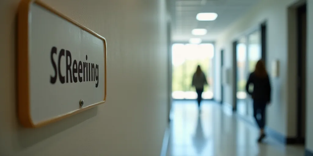 a sign that is in the hallway of a building that says please screening on it and a woman walking dow
