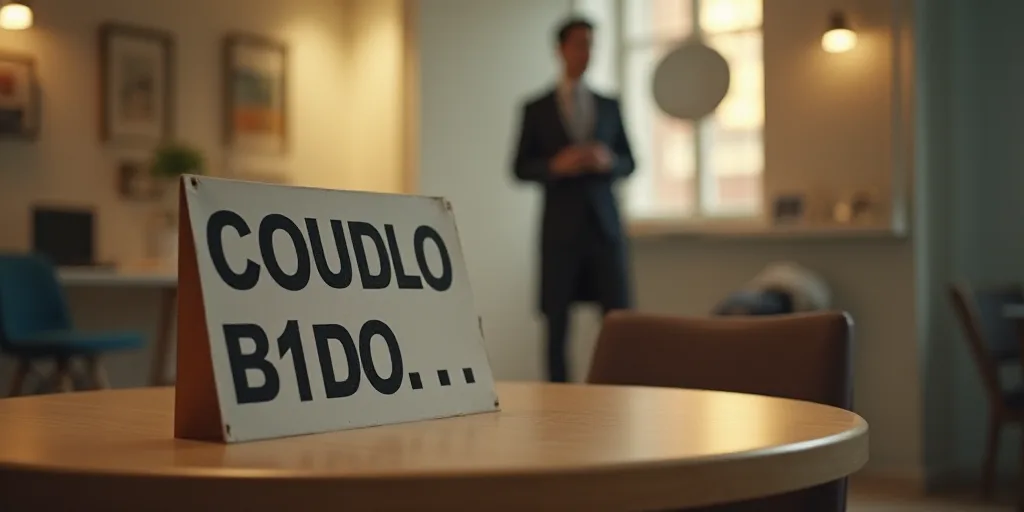 a sign that is on a table in a room with a person in the background and a person in the background,
