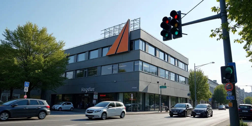 a sign that is on the side of a building with cars passing by it and a traffic light in the foregrou