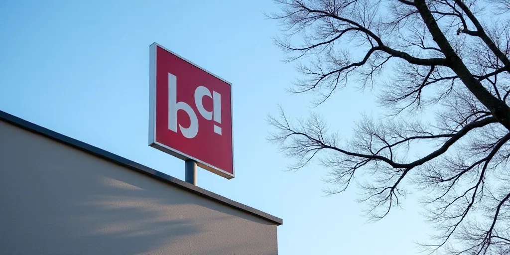 a sign that is on top of a building near a tree branch with no leaves on it and a blue sky in the ba