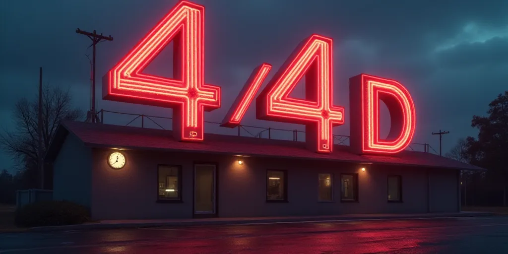 a sign that says 4 4 d above a building with lights on it and a clock on the wall, Epsylon Point, 4k