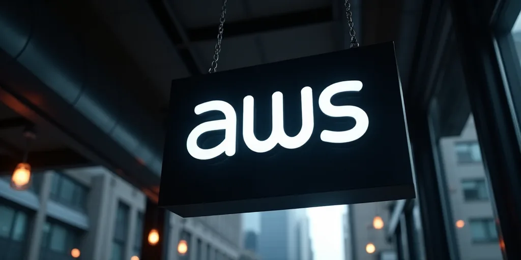 a sign that says aws hanging from a ceiling in a building with a black background and a white aws lo