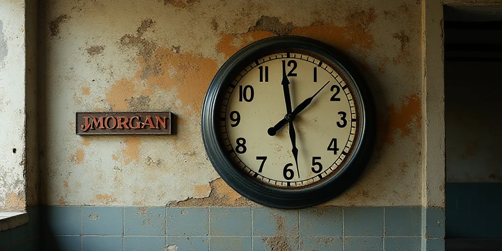 a sign that says jp morgan on a wall in a building with a clock on it's side, Ernest Morgan, p, a ji
