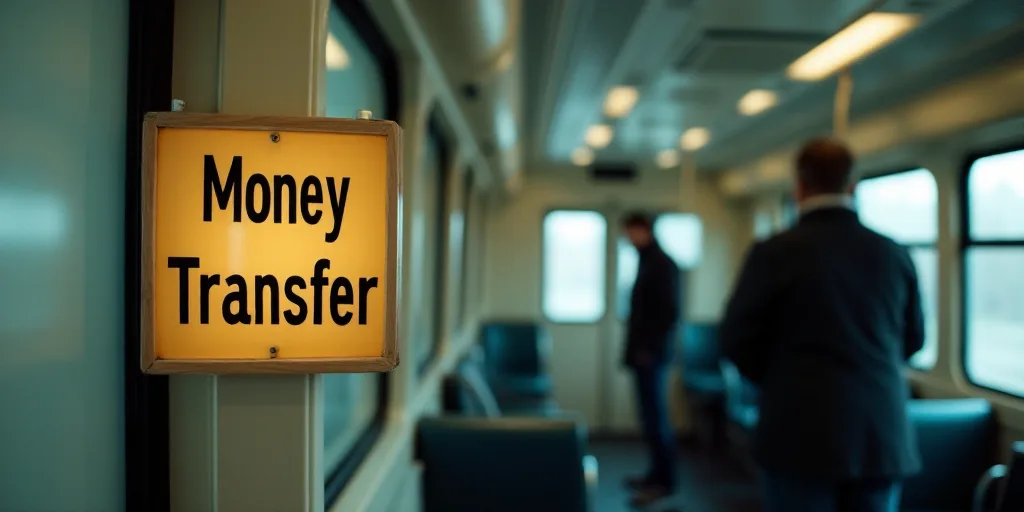 a sign that says money transfer on it and two people standing in the background looking at it in a t