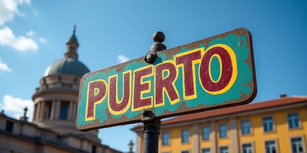 a sign that says puerto in front of a building with a dome in the background and a blue sky, Art & L