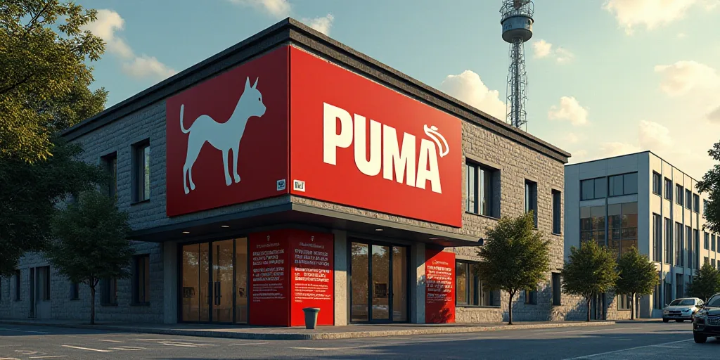 a sign that says puma on the side of a building with a cat on it's side, Avgust Černigoj, imax, a d