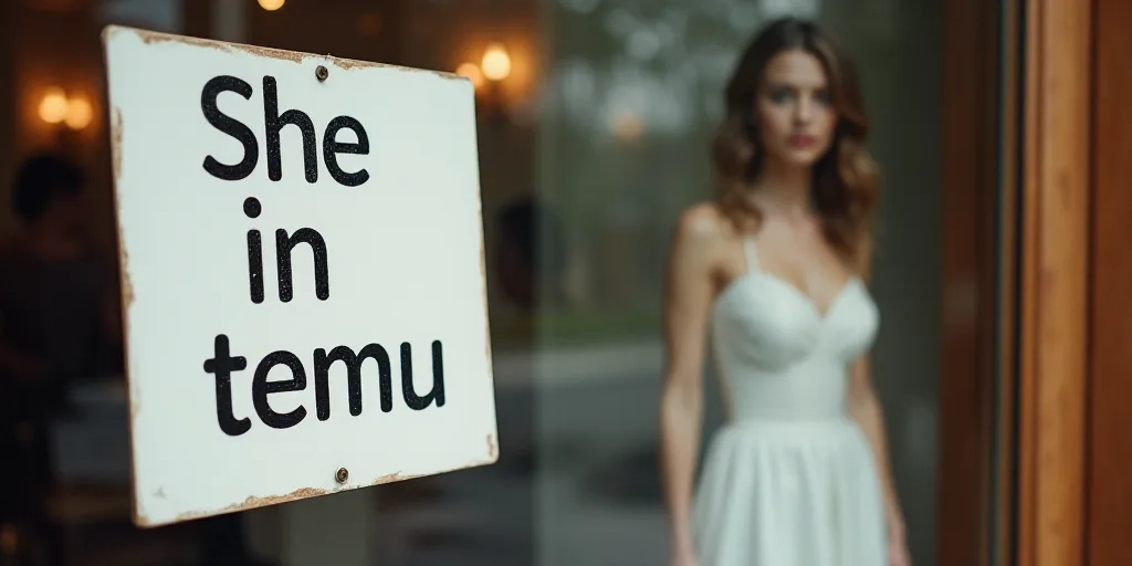 a sign that says shein temu on it and a picture of a woman in a dress behind it, Eero Snellman, beha