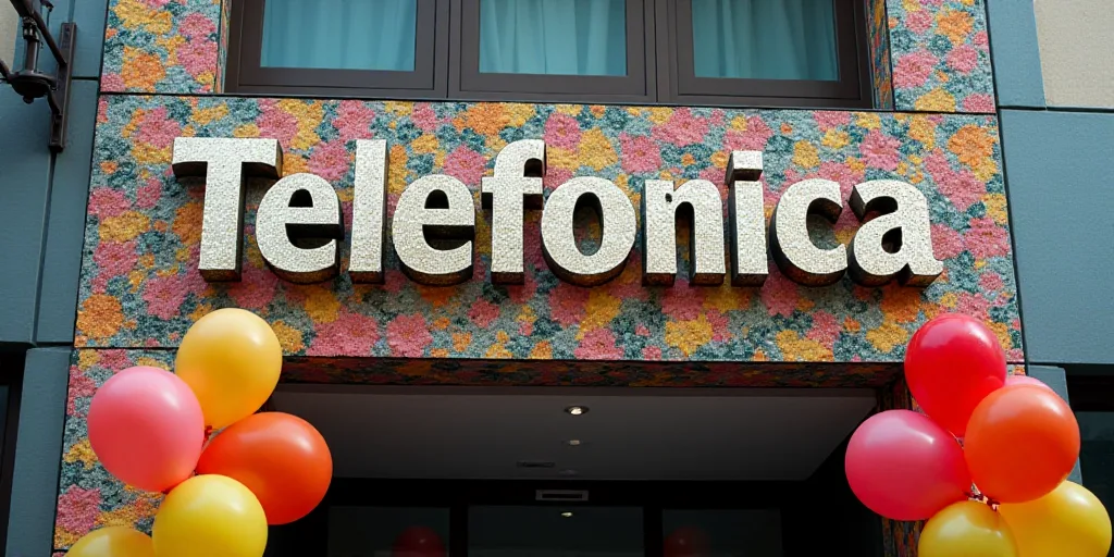 a sign that says telefonica on it in front of a building with balloons in front of it, Carlos Trillo