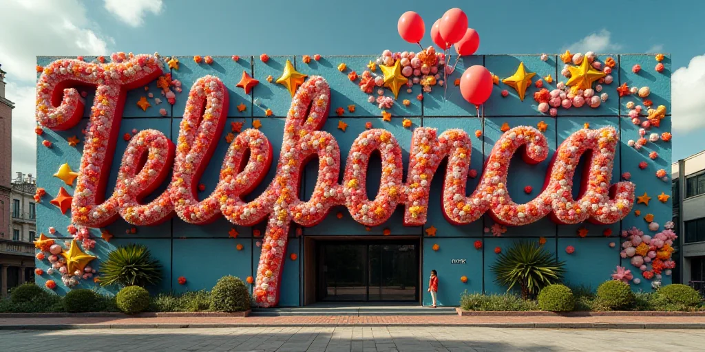 a sign that says telefonica on it in front of a building with balloons in front of it, Carlos Trillo