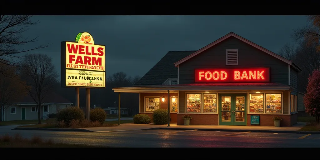 a sign that says wells farm and a sign that says food bank on it in a building with lights, Elbridge