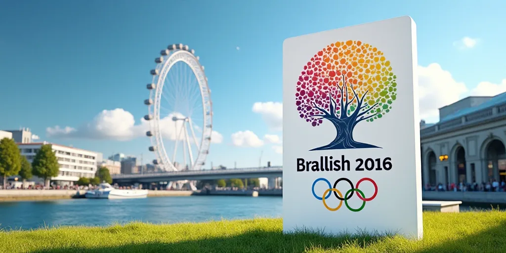 a sign with a colorful tree on it for the british olympic games in london, england, on a sunny day,