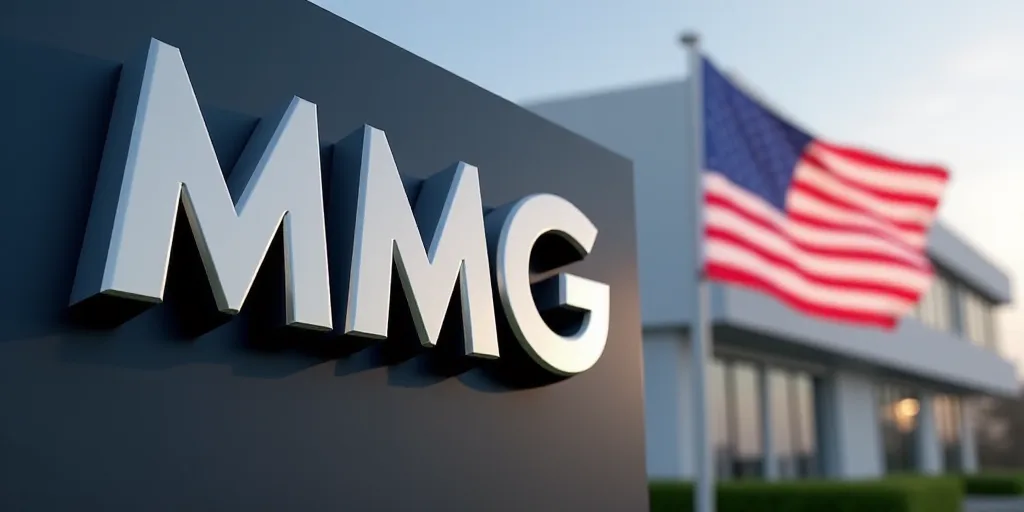 a sign with the logo of the company mmg next to an american flag in the background of a building, An