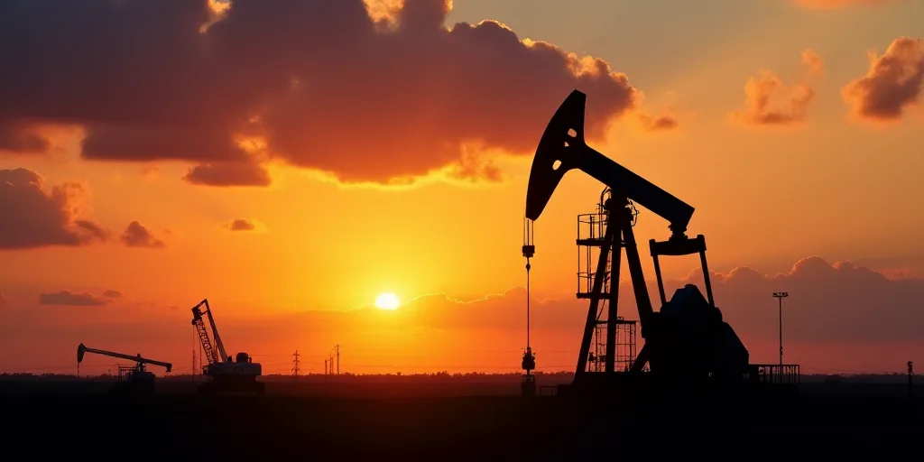a silhouette of an oil pump against a sunset sky with clouds in the background and a silhouette of a