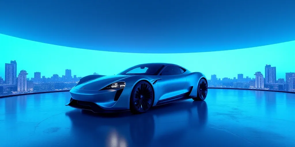a silver car is shown in a blue lit room with a city in the background and a blue light, Fan Qi, xf